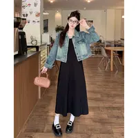 胖mm大码女秋装新款复古设计感牛仔外套吊带裙两件套65499+63701