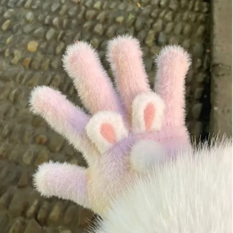 猫咪耳朵可爱少女心针织手套保暖分指毛绒可触屏冬天骑行学生防寒