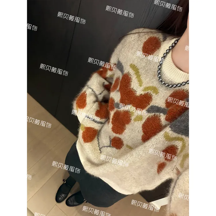 熙贝薇6【柿柿如意】羊绒羊毛冬季新款慵懒风圆领女套头毛衣 G5917