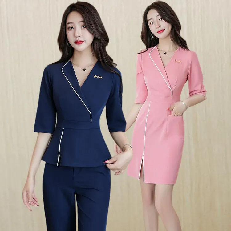 高端美容院顾问定制美容师工作服女春夏弹力足浴足疗店按摩技师服