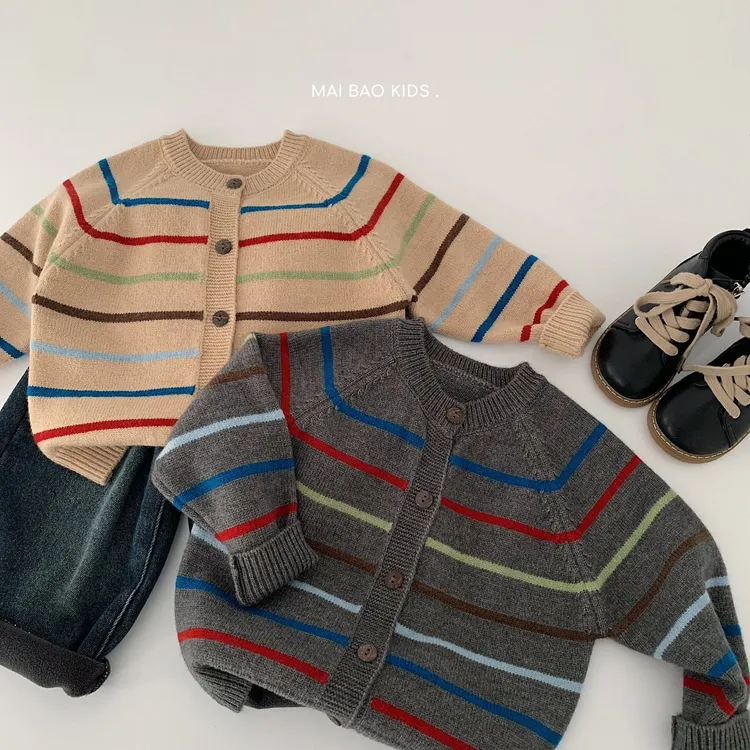 儿童针织开衫2026冬季新款潮男女童彩条毛衣外套宝宝冬装上衣