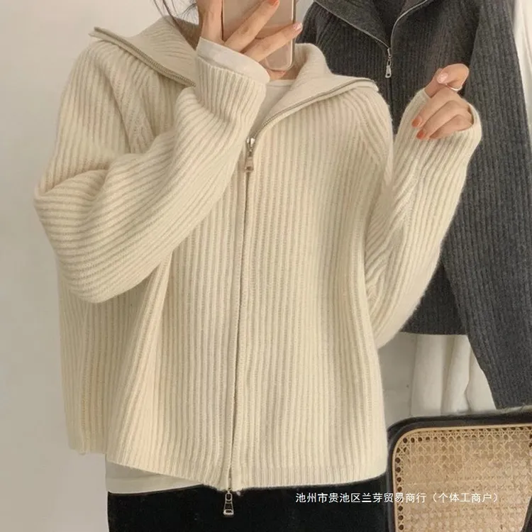 常规款拉链慵懒风开衫女针织上衣百搭秋冬小个子短款宽松外穿毛衣