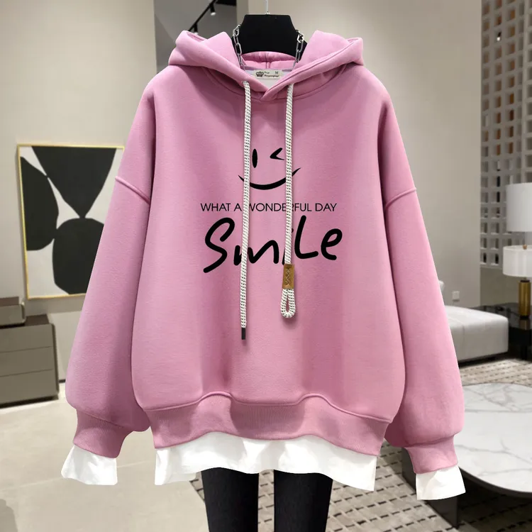 粉色假两件连帽卫衣女加绒2025新款春秋冬季薄款字母时尚上衣外套