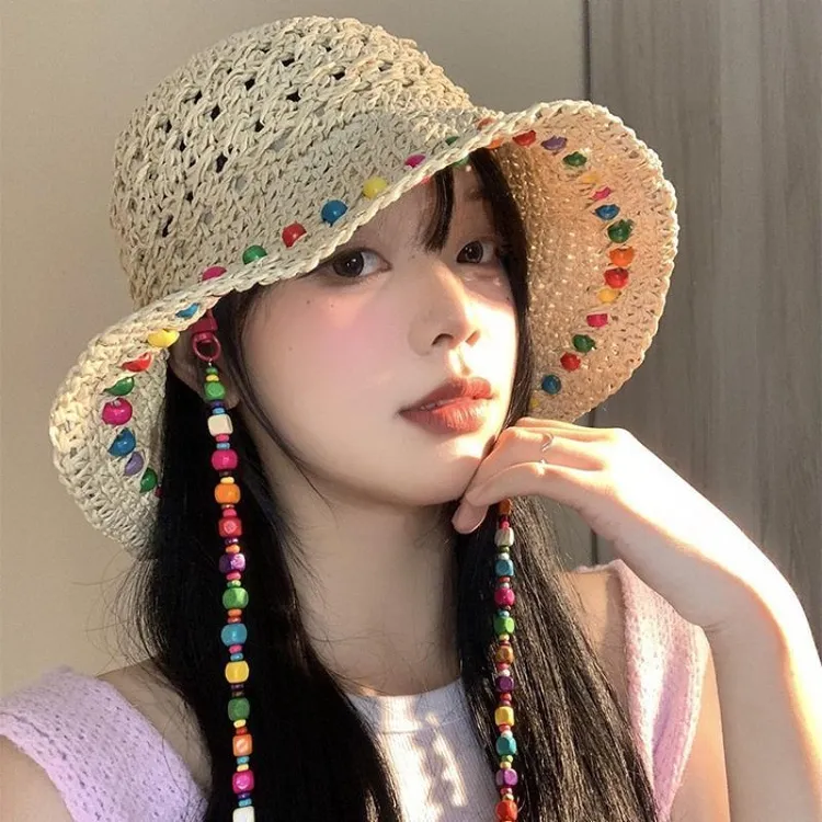 彩色木珠草帽女夏季原宿风镂空大帽檐遮阳防晒帽可折叠渔夫帽子