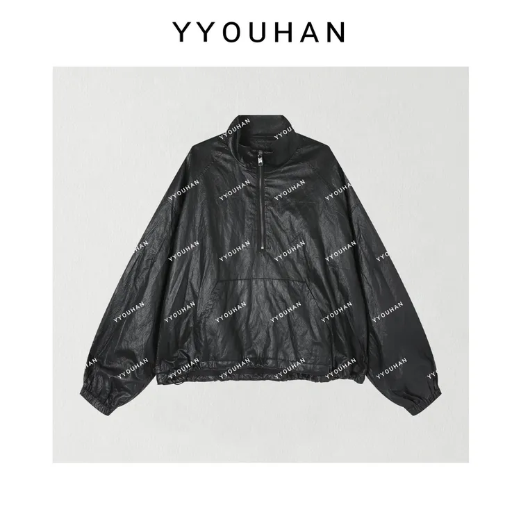 YYOUHAN 【无人之境】半拉链立领卫衣款复古女式皮衣夹克 2508C4952
