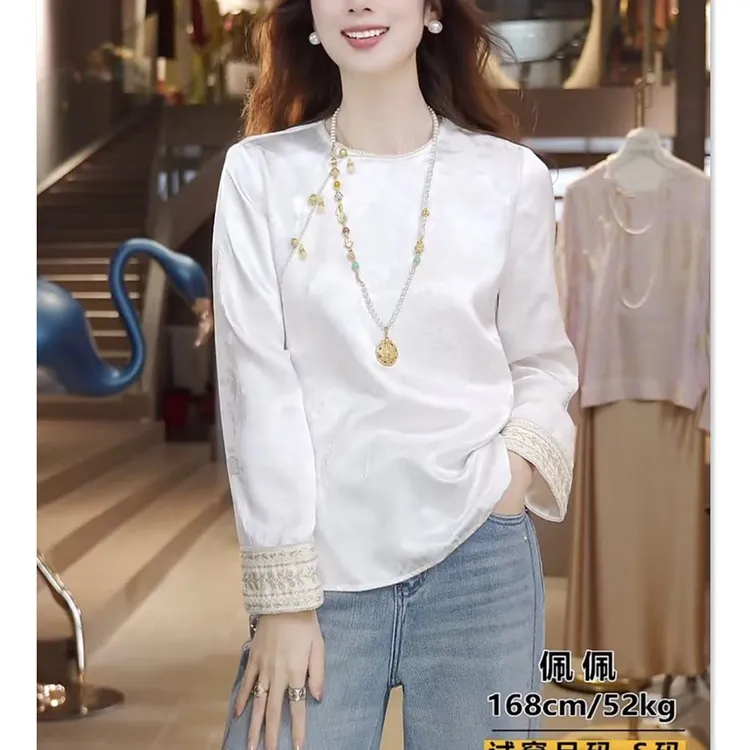 新中式国风圆领长袖T恤盘扣丝锻提衬衫女秋装洋气减龄唐装小上衣