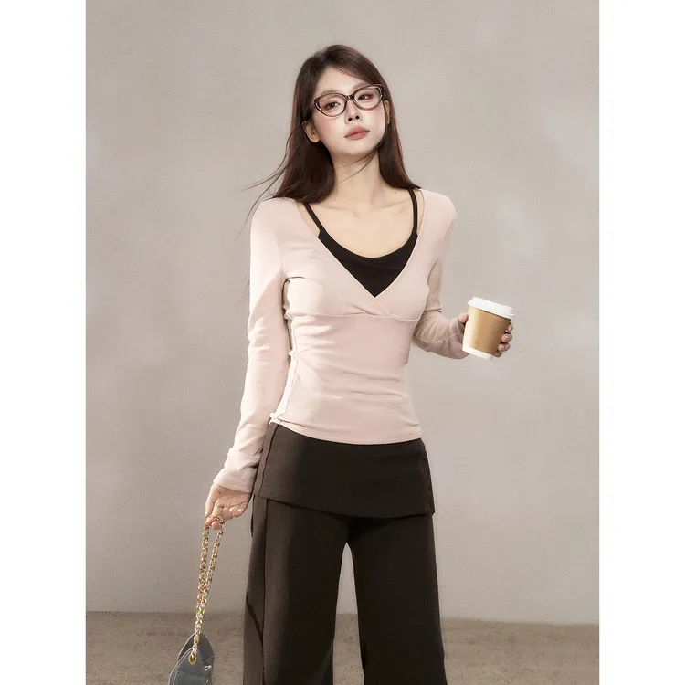 【小野莓】粉色假两件长袖T恤2025年新款修身显瘦百搭上衣BT611210