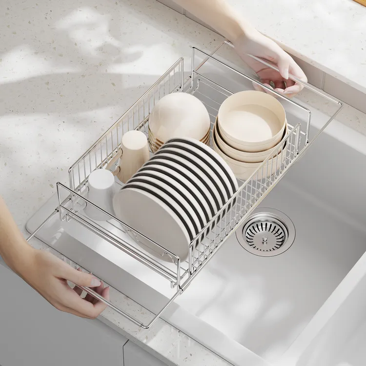 圣西陶水槽沥水架厨房不锈钢伸缩碗碟架洗碗池餐具水杯盘子收纳篮