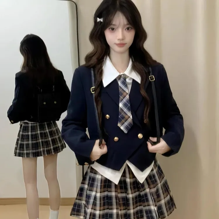 靓丽潮流~学院风jk制服套装秋冬西装外套长袖衬衫百褶裙三件套