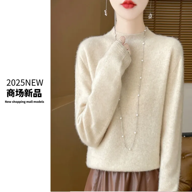 女士100%羊毛衫半高领厚款女圆领衫时尚衫宽松女士套头高领显瘦