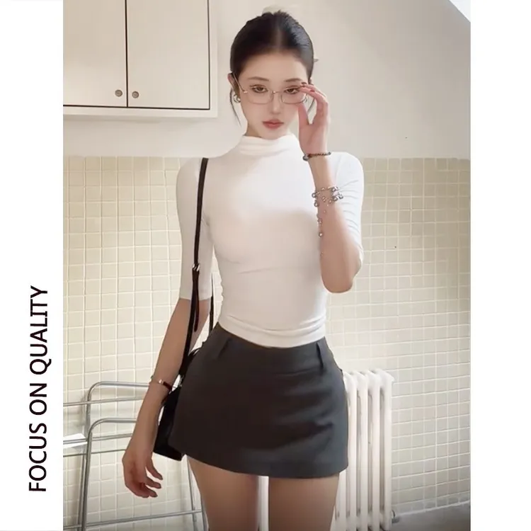 白色半高领短袖正肩T恤女夏季五分袖修身内搭辣妹紧身显身材上衣