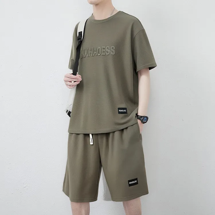 夏装潮流字母钢印圆领T恤休闲运动套装夏季薄款速干宽松短袖短裤