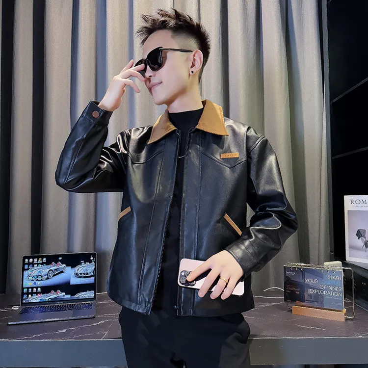 高级感皮衣外套男士春秋季潮牌痞帅休闲上衣2025新款拼色翻领夹克