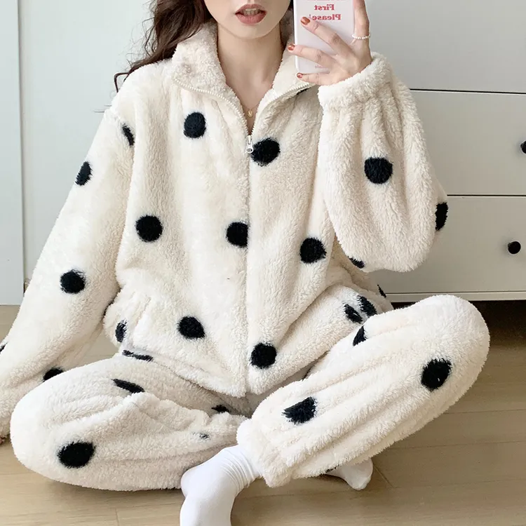 韩版波点拉链毛绒睡衣冬季休闲加绒加厚冬天睡衣保暖家居服套装