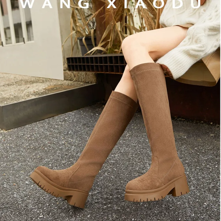 【王小毒】穿出美腿●秋冬美拉德绒面弹力瘦瘦靴女粗跟中长筒靴子