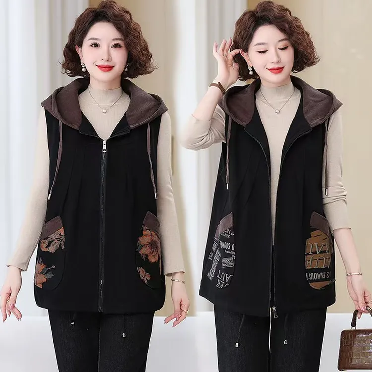 大码中老年春秋牛仔水洗马甲时尚休闲连帽厚款宽松中长款气质马甲