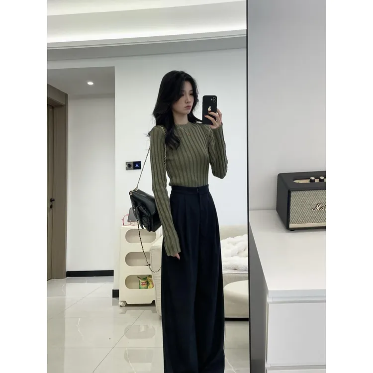 常规圆领显瘦毛针织衫宽松早春上衣时尚毛衣高腰女装长袖韩版裤子