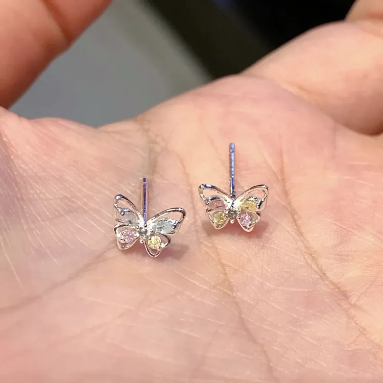 S925纯银针彩色锆石蝴蝶小耳钉女迷你睡觉免摘耳饰养耳洞耳钉耳夹
