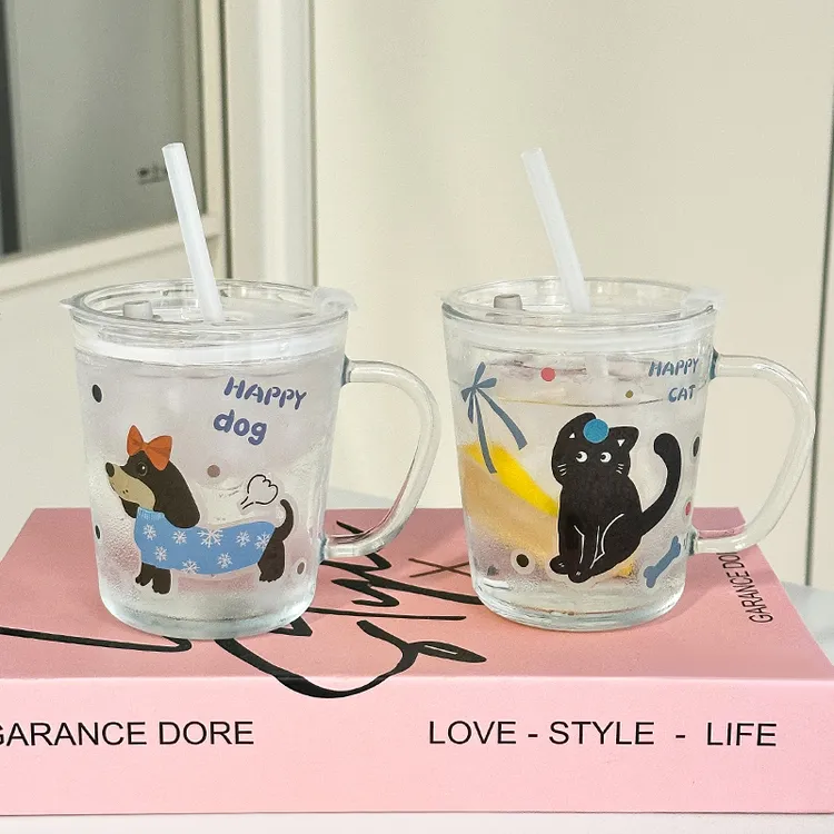 【7，9两套装】耐热带盖带吸管吸管杯修狗大容量可爱小狗小猫玻璃杯