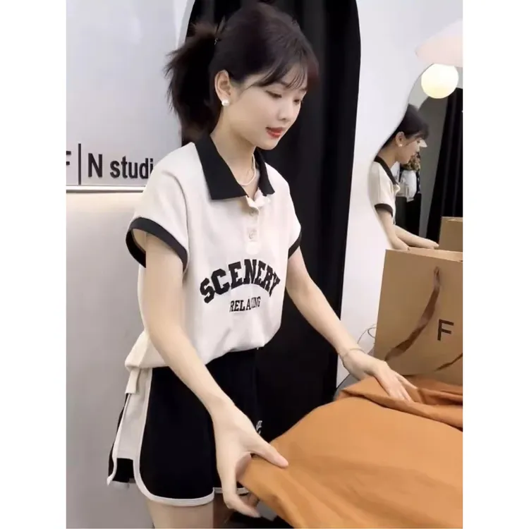 时尚运动服纯棉套装女夏季新款宽松polo衫短袖显瘦短裤休闲两件套
