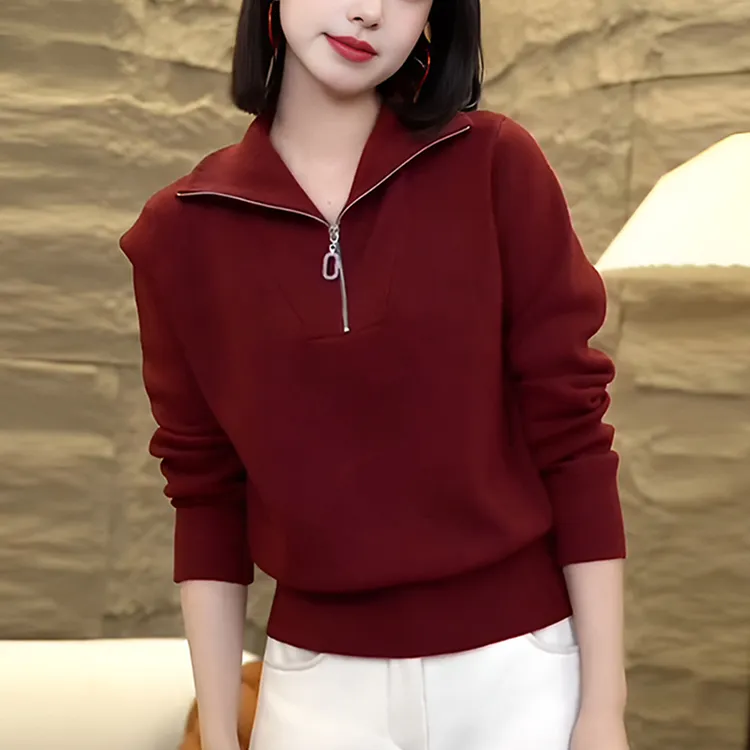 纯色半拉链针织衫毛衣女2024年秋冬新款简约时尚气质显瘦百搭上衣
