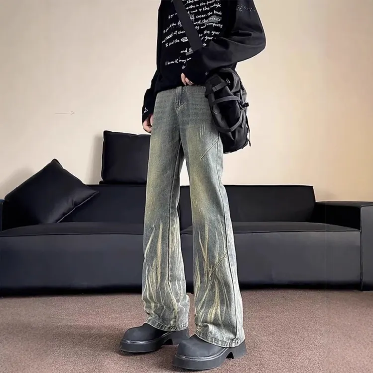 闪电纹扎染牛仔裤休闲男美式高街vibe裤子显瘦直筒微喇长裤