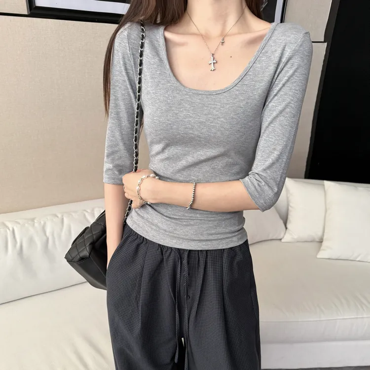 灰色u领短袖女t恤2025新款2025秋季打底衫女中袖半袖显瘦时尚女士