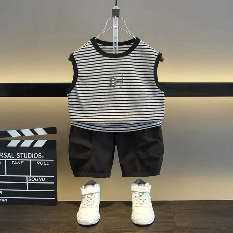 潮款童装夏装洋气宝宝无袖套装韩版夏季卡通动漫男童中小童