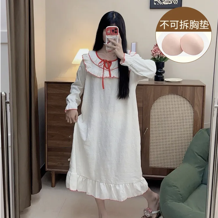 云朵棉睡裙女春秋季带胸垫长袖中长款睡衣秋天新款少女家居服薄