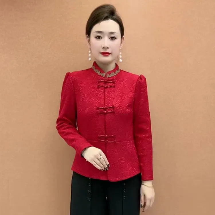 妍高端中老年妈妈加厚提花加绒保暖上衣本命红色改良旗袍开衫外套