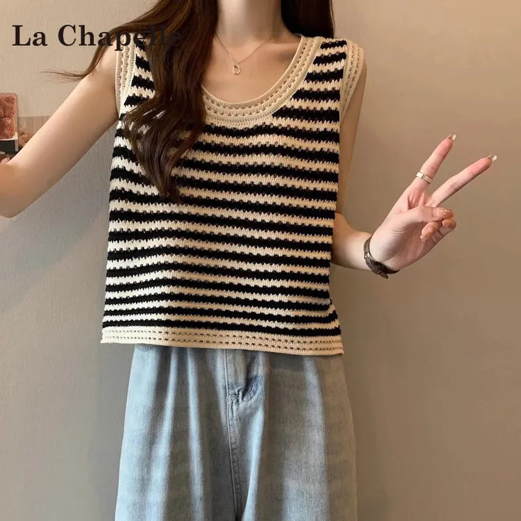 拉夏贝尔显瘦条纹吊带背心女款2025夏季新款宽松百搭气质大码上衣