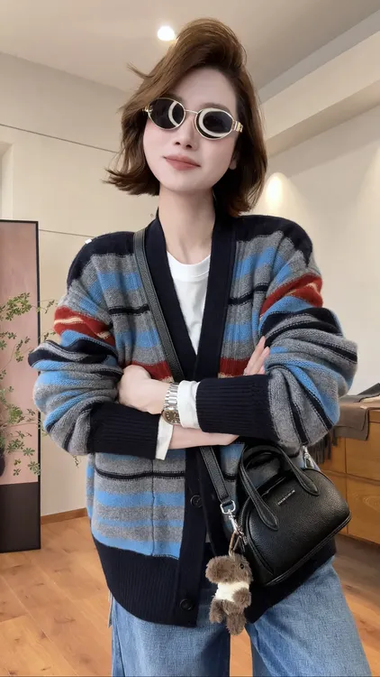 月月 2025秋冬新款小众设计极简风拼色条纹针织开衫 2511C7474