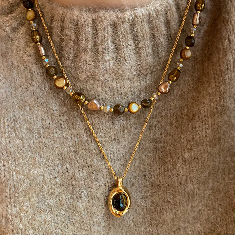 铜合金项链 美拉德虎眼石串珠项链女轻奢小众高级感毛衣链配饰潮 
