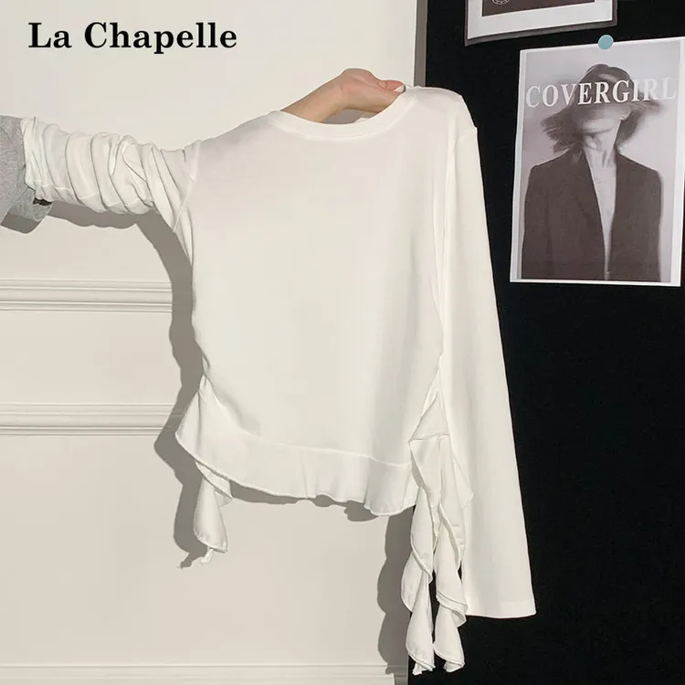 拉夏贝尔不规则下摆荷叶边拼接圆领长袖T恤女秋季掐腰褶皱小上衣