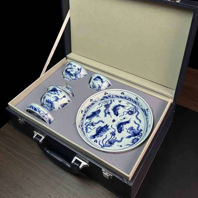 景德镇七承堂青花海水鱼藻纹盖碗茶杯茶具套装家用送礼高档泡茶器