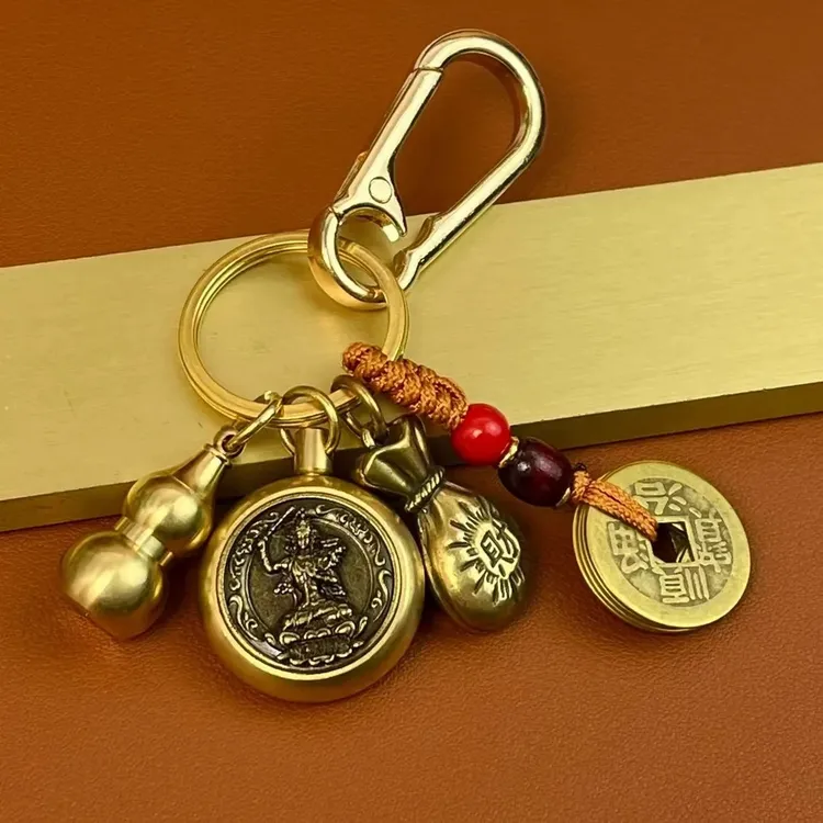 黄铜十二生肖八大守护转转手把件复古汽车钥匙扣挂件纯铜葫芦挂件