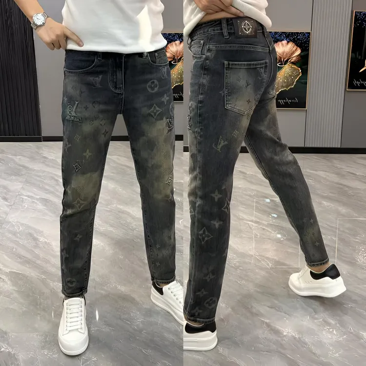 男士裤子冬季新款牛仔裤男款个性提花小脚裤男修身百搭爆款长裤男