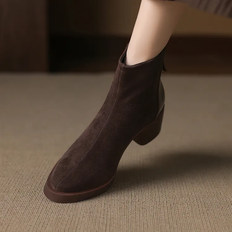 牛反皮/5cm 厚底粗跟女士短靴时尚百搭复古风低筒靴真皮女靴大码