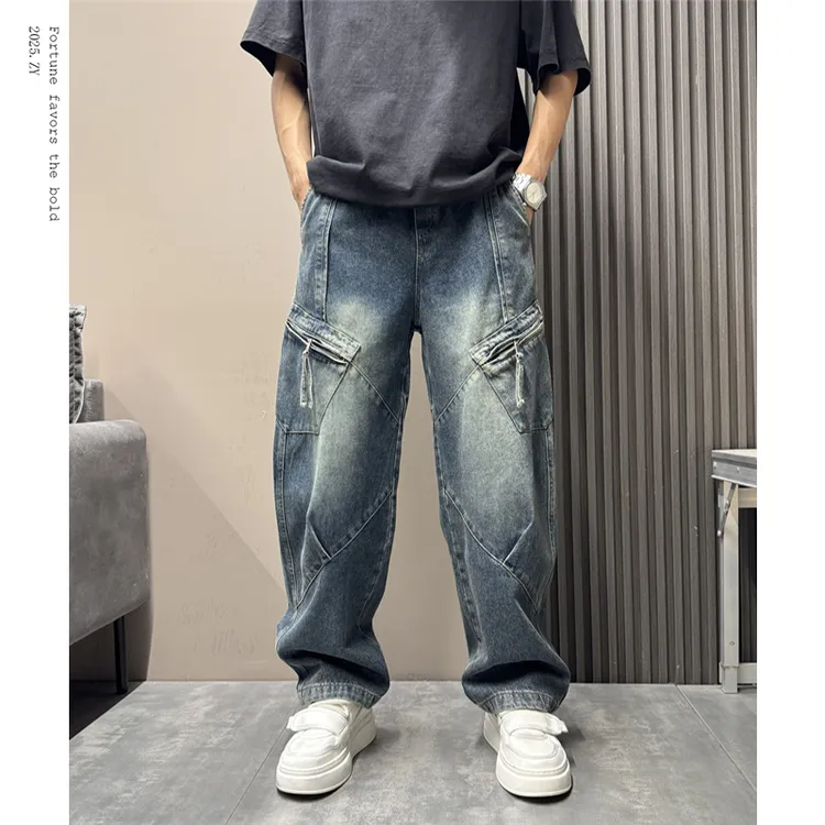 秋季美式高街潮流拼接牛仔裤男士复古水洗痞帅直筒裤百搭阔腿裤