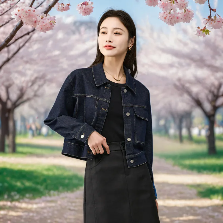 TOUCH MISS深蓝色短款牛仔外套女2025秋新款爆款气质休闲帅气上衣