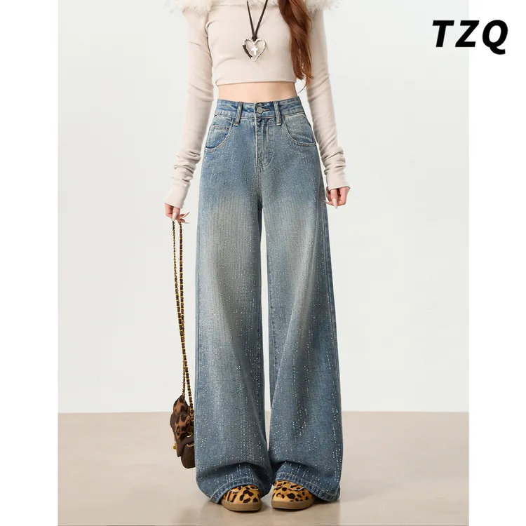 复古蓝烫钻阔腿牛仔裤女秋冬新款美式高街显瘦拖地裤 TZQ25120359