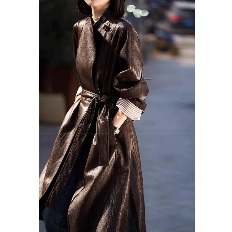棕色长款皮衣女士2025新款酷飒风高级感独特超好看风衣外套秋冬季