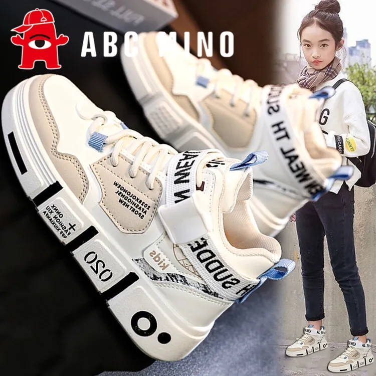 ABC MINO女童鞋秋季新款儿童运动鞋女孩皮面高帮板鞋中大童小白鞋