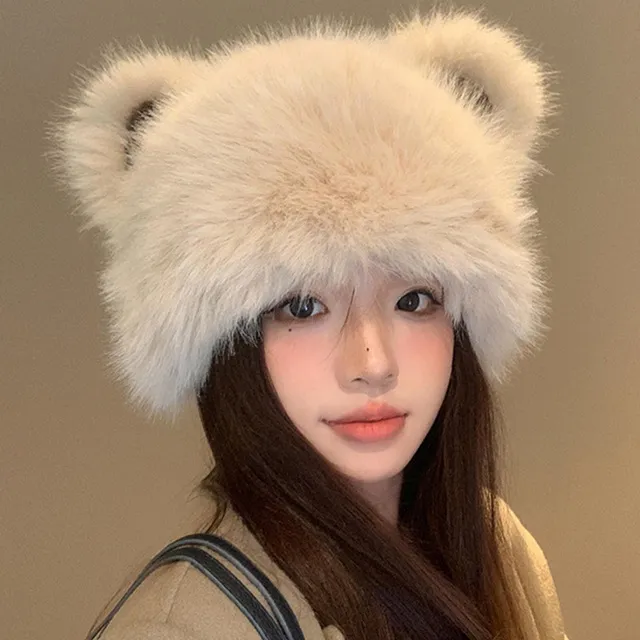 可爱小熊耳朵毛绒帽女冬季百搭显脸小护耳帽加绒保暖东北蒙古帽子
