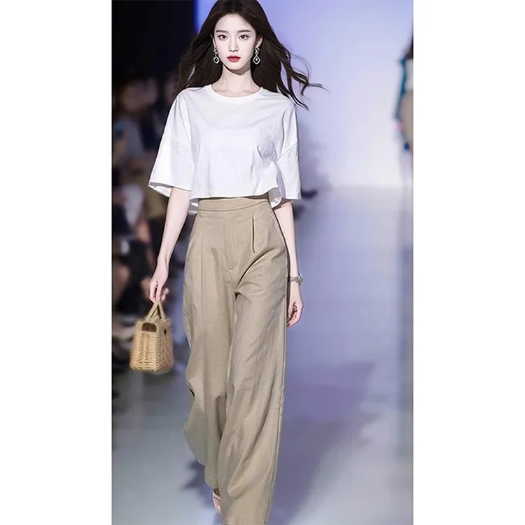 网红洋气炸街白色上衣休闲裤两件套女夏季财阀千金贵系搭配一整套