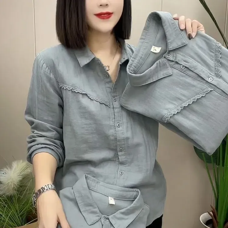 大码女装春秋季时髦百搭花边设计POLO领长袖衬衫宽松显瘦遮肚衬衣