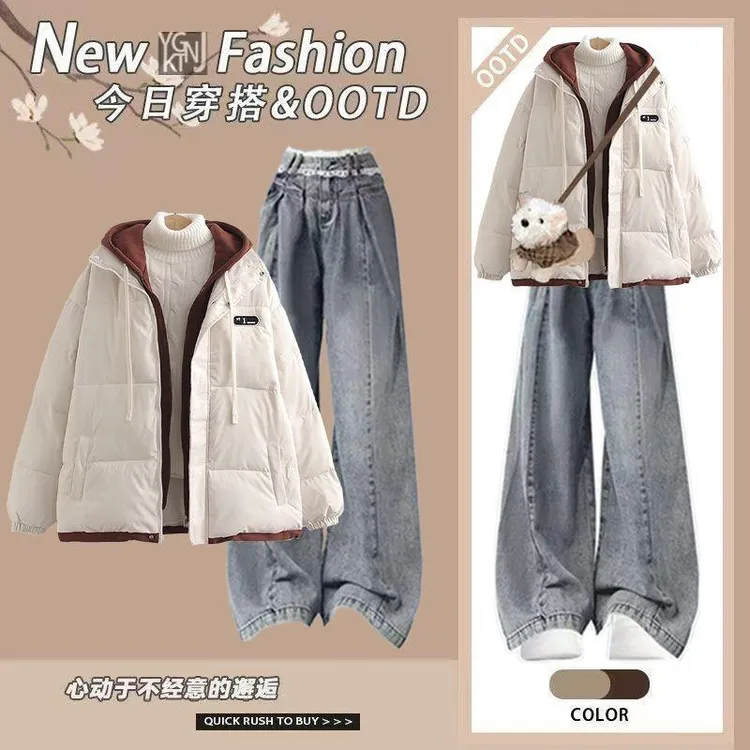 15少女冬季假两件棉服外套13岁一整套初中学生女孩加绒牛仔裤套装