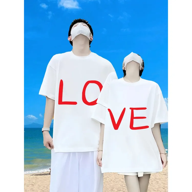 两件！情侣装纯棉短袖重磅t恤夏季圆领时尚一男一女宽松百搭半袖潮
