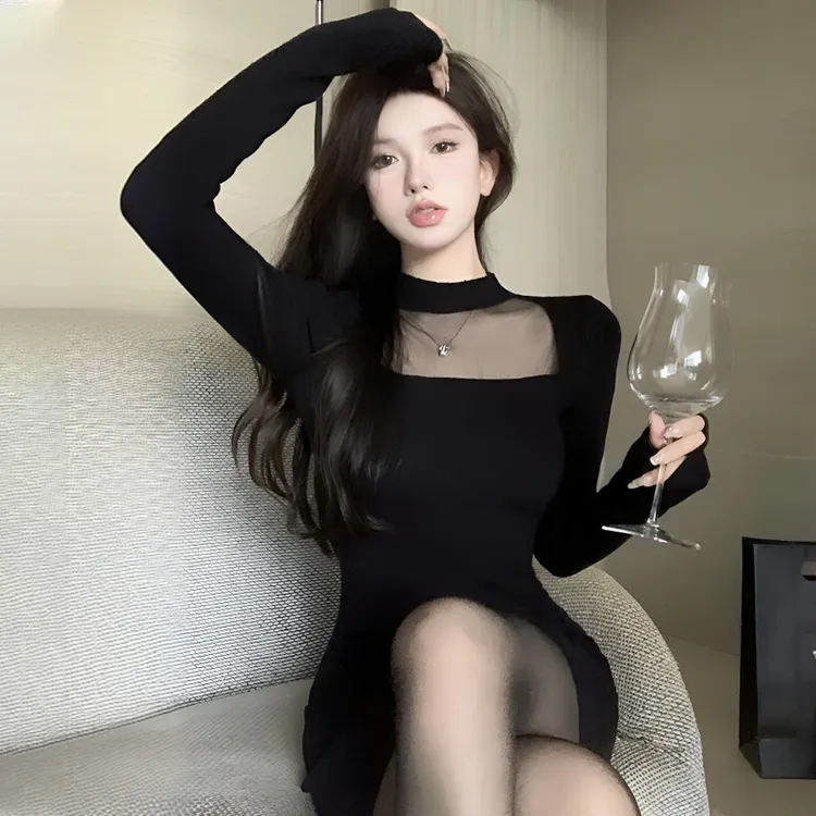 赫本风纯欲性感网纱包臀短裙女秋冬内搭配大衣收腰显瘦辣妹连衣裙
