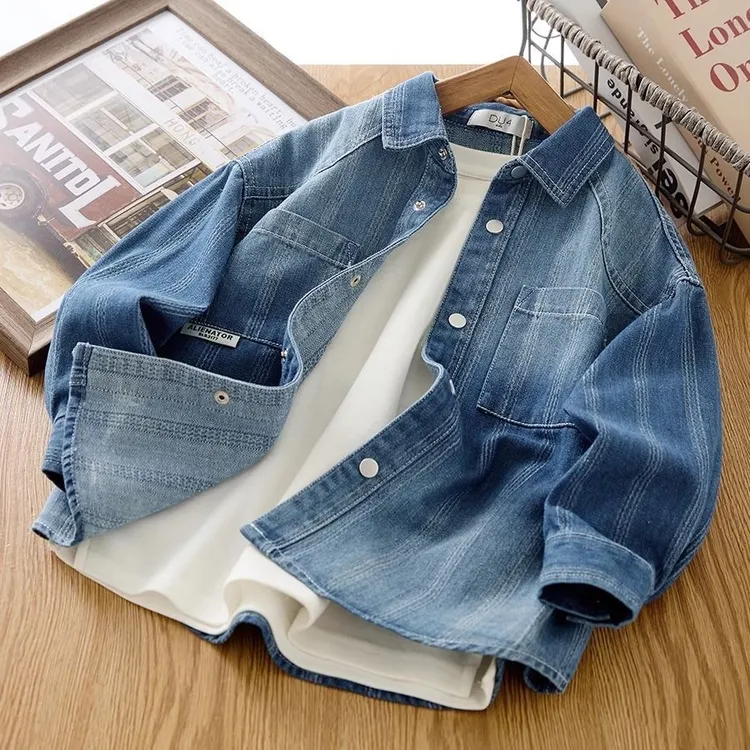 童装男童渐变牛仔衬衫春秋季中大童韩版长袖衬衣儿童痞帅薄款外套